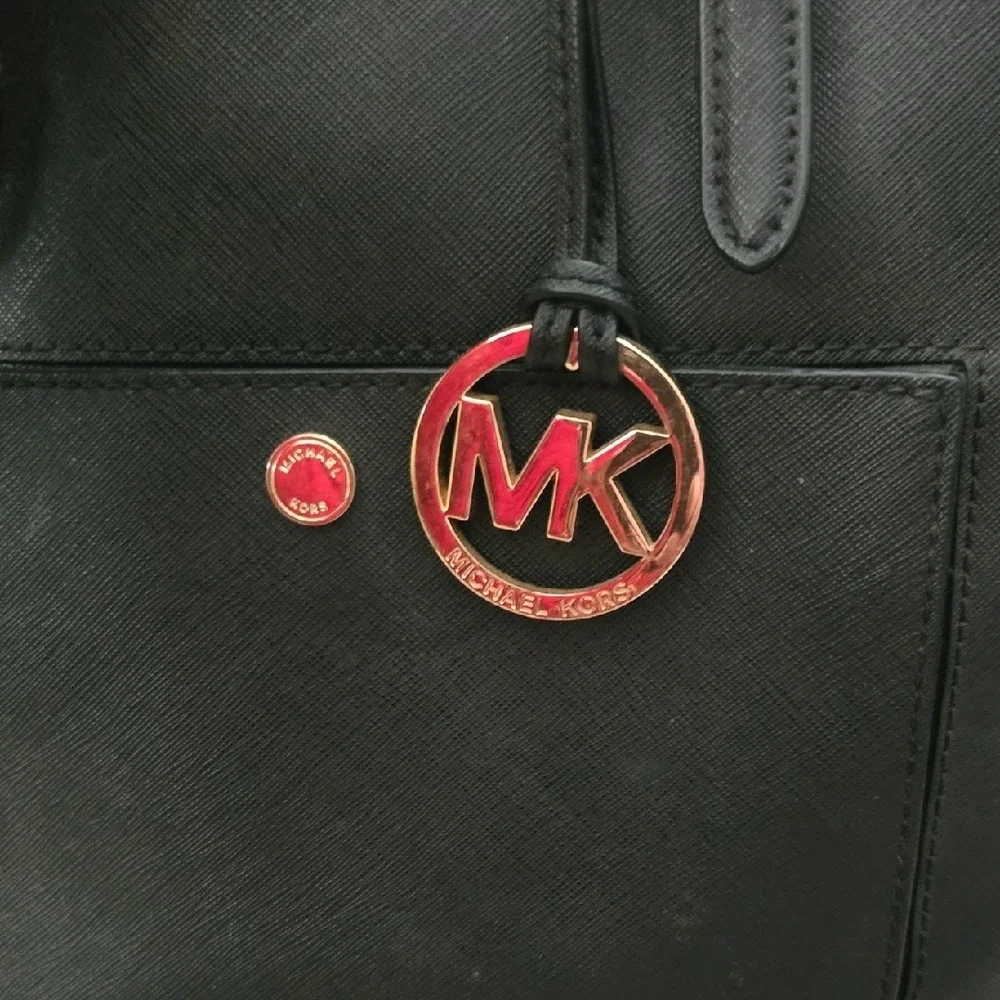 Michael Kors Jet Set Black Medium Saffiano Leather Tote with Gold Accents